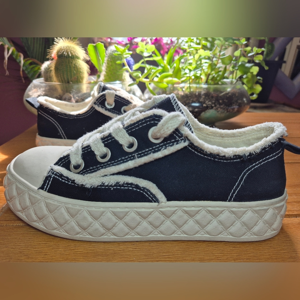 Black Canvas Platform Sneakers with White Trim - Women